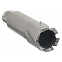 This carbide-tipped annular cutter from SLUGGER BY FEIN is designed for cutting precise holes in tough materials. It features a 1 13/16 in diameter, 3 in maximum cutting depth, and a bright finish. The Weldon Flat shank ensures secure mounting in compatible power tools.
