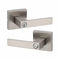 Satin nickel-plated zinc office lever lockset with rose design. ADA compliant for accessible lever operation. Suitable for interior commercial doors in office, institutional, and light-commercial settings. Supplied as a complete lockset.