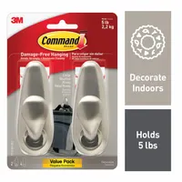 COMMAND Hook: 5 lb Wt Capacity, 1 Points per Hook, Nickel, 4 in Overall Ht, 4 in Base Ht, 2 PK (MPN FC13-BN-2ES)