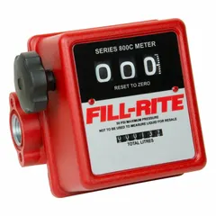 Mechanical nutating disc totalizer with aluminum body, 3/4-inch FNPT connections, and Buna-N seals. Provides +/-1% accuracy in gallons and outputs a standard frequency pulse. Suitable for fuel transfer applications.