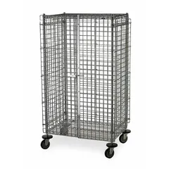 This wire security cart from METRO is designed for secure transport of materials in industrial environments. It features a fixed shelf type, (4) swivel casters without brakes, and overall dimensions of 41 in L x 28 in W x 68 in H. The self measures 36 in L x 24 in W, and the cart is finished in silver. Suitable for moving tools, parts, or supplies within warehouses, factories, and distribution centers where controlled access is needed.