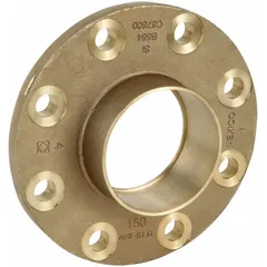 This low-lead cast bronze tube flange connects 6-inch CTS copper tube to 6-inch pipe via a cup x flange configuration. Designed for sweat (solder or braze) installation, it is used in plumbing and industrial piping systems for water, gas, or steam lines requiring a flanged joint.