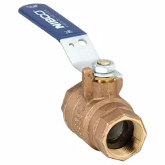 This NIBCO bronze ball valve features a 1-1/4 in full-port, two-piece straight body with FNPT x FNPT connections and a lever handle. Designed for manual on/off flow control in plumbing, HVAC, and water systems, its full-port design minimizes pressure drop for unrestricted flow.