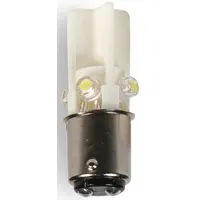 White LED lamp with T3-1/4 tubular bulb shape and BA15d double-contact bayonet base. Operates at 120V AC. Suitable for use in panel indicators, annunciators, and warning lights as a direct replacement for incandescent bulbs in control panels and machinery