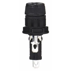 Panel-mount fuse holder for 1/4 in x 1 1/4 in glass and ceramic cylindrical fuses. Single-pole configuration rated 20 A max at 250 V AC. Features a screw knob cap style and 3/16 in quick-connect termination. Suitable for overcurrent protection in control panels, power supplies, and electrical equipment.