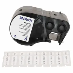 Thermal transfer precut label roll cartridge with rectangle labels measuring 3/8 in x 1 in. Made of Cryogenic Autoclavable Nylon, compatible with vial/tube sizes of 1.0 to 2.0 mL. Designed for use with the BMP53 printer series.