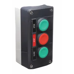 This SCHNEIDER control station features three red momentary push buttons labeled Open, Stop, and Close, with a 2NO/1NC contact configuration. It is designed for oil- and dust-tight environments, suitable for industrial machine control applications requiring momentary switching for opening, stopping, and closing equipment.