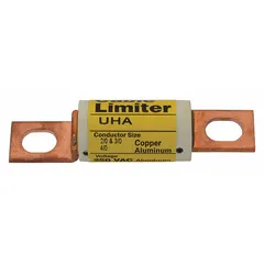 Bolt-to-bolt limiter fuse rated 250 V AC, accepting 2/0 AWG copper or aluminum conductors. Features a center bolt-to-offset bolt connection. Used for cable protection in power distribution systems, isolating faults on branch circuits.