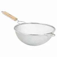 This wire mesh strainer is constructed of stainless steel with a fine double mesh for capturing small particles. The 23 1/2 in overall length provides reach into deep vessels, and the wood handle offers a comfortable grip. Suitable for straining and filtering in food service and laboratory applications