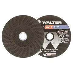 This Type 1 cut-off wheel is designed for general purpose cutting of carbon and stainless steel. It features an aluminum oxide abrasive and measures 6 inches in diameter with a 1/16 inch thickness and 7/8 inch arbor hole. Part of the ZIP+XTRA series, it is suitable for metal fabrication and maintenance tasks.