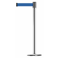 This retractable belt post barrier features a silver metal alloy post and a blue belt with no legend, supported by a cast iron base. The belt extends to 7 1/2 ft. Suitable for crowd control, queue management, and area delineation in facilities requiring visible separation without printed messaging.