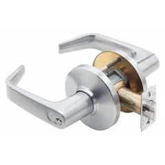 This office lever lockset features a 9K Contour Angle Return Lever in satin chromium-plated zinc finish. It is ADA compliant and includes Large Format Interchangeable Core (LFIC) capability with F109 function. Suitable for securing interior office doors in commercial buildings, allowing quick rekeying.