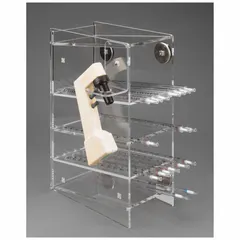 Clear acrylic benchtop unit designed to hold up to four serological pipettes. Overall height 16 in, overall length 11 in. Provides organized storage and visibility for pipettes in laboratory settings.