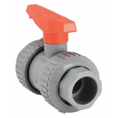 This CHEMTROL manual two-way ball valve is made of CPVC with a straight pattern and true union socket/true union NPT end connections. It features a lever handle for on/off flow control in industrial piping systems handling corrosive fluids. Typical applications include chemical processing, water treatment, and plating systems where reliable shut-off and easy maintenance are required.