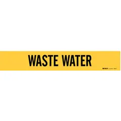Yellow adhesive pipe marker with black legend 'Waste Water', designed for pipes with outer diameter from 2-1/2 to 7-7/8 inches. This single marker provides clear identification of waste water lines in industrial piping systems, aiding in maintenance and safety.