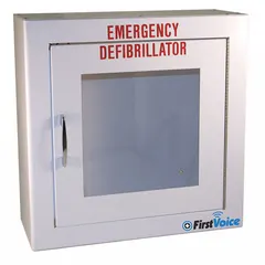 This steel surface mounted cabinet is designed for secure storage of an automated external defibrillator (AED) in accessible locations. The white cabinet includes a strobe for visual alert but does not include an alarm. With an overall height of 13 inches, it is suitable for wall mounting in facilities requiring quick access to emergency medical equipment.