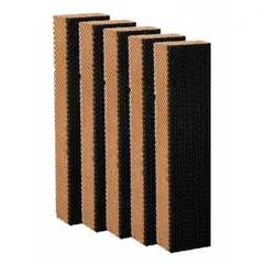 Cellulose evaporative cooling pads for agricultural and horticultural climate control. Each pad measures 72 inches high, 12 inches wide, and 6 inches thick. Sold as a 5-pack. Used in evaporative coolers for greenhouses, livestock barns, and poultry houses.