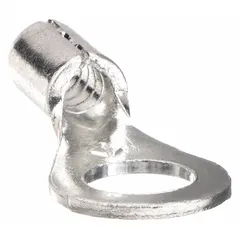 Non-insulated ring terminal for #8 stud size, accepting 12 AWG to 10 AWG wire. Rated 600 V with butted barrel and seam construction. Suitable for terminating wires in control panels, power distribution, and grounding applications.