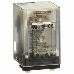 Socket-mounted relay from the Square D 8501K Series with a square base and flat pins. Features a 3PDT contact configuration, 24V DC coil, and 10 A current rating. Electrical connection is via quick-connect terminals. Suitable for general-purpose switching in industrial control panels, automation systems, and HVAC equipment.