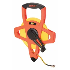 Manual open-reel long tape measure with a 200 ft fiberglass blade. Single-sided SAE graduations in 1/8 in increments. Nonmagnetic single hook end. Plastic housing with grip. Suitable for measuring distances in construction layout, surveying, and utility work.