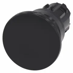 Momentary mushroom-head push-button operator from the Siemens 3SU series. Features a black non-metallic actuator with 22 mm mounting size. Suitable for use as an emergency stop or control operator in industrial machinery and control panels.