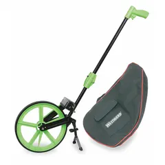 Mechanical measuring wheel with a 100,000 m range, designed for outdoor distance measurement. Features a fixed handle, spoked single wheel with rubber tread for traction on uneven surfaces. Foldable for storage; uses metric units (meters). Requires AAA batteries (not included). Suitable for construction layout, road measurement, and land surveying.