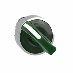 This illuminated selector-switch operator from the Series XB4 line features a 22 mm panel mount size and a metallic switch bezel. It offers 2 positions with maintained/momentary action and includes no cam. Suitable for industrial control panel applications requiring a compact, illuminated selector interface.