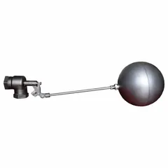 Float valve assembly for automatic water level control in tanks and reservoirs. Angle valve body with cylindrical design for horizontal piping. Includes float and rod with 3/8"-16 thread, adjustable arm. Inlet: 1-1/4" female NPT; outlet: female IPS. Flow rate 180 gpm at 85 psi.