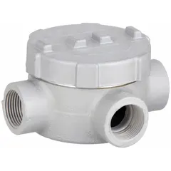 Aluminum XAT round-body cross-type conduit outlet body with 1 in female threaded hubs for use with threaded IMC. Powder-coated finish, 17.5 cu in capacity. UL listed for hazardous locations: Class I, Div 1 & 2, Groups C, D; Class II, Div 1 & 2, Groups E, F, G; Class III. Cover and gasket included. Used for pulling, splicing, and routing conductors.
