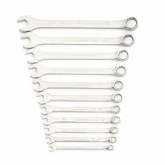 This 11-piece set includes SAE 12-point combination wrenches made from alloy steel with a full polish chrome finish. The 12-point box end provides secure engagement on hex fasteners. Suitable for tightening and loosening SAE fasteners in automotive, industrial, and mechanical applications.