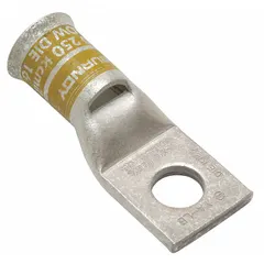 One-hole compression lug for terminating 250 kcmil solid or stranded copper wire to a 1/2 in stud. Suitable for use in power distribution, switchgear, and panel building applications.