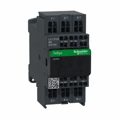 3-pole non-reversing IEC contactor rated 12 A with 24V DC coil, 3 normally open main contacts, spring-loaded wire termination, and integrated surge suppression. Suitable for switching single-speed motors, resistive loads, and general electrical circuits in industrial and commercial applications.