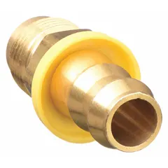This brass push-on hose fitting connects JIC threaded ports to push-on hose for air, water, or chemical lines. It features a 1/4 in x 1/4 in fitting size, male x male configuration, and rigid straight design with JIC x hose barb connection type. Suitable for industrial fluid-handling systems requiring a leak-resistant connection.