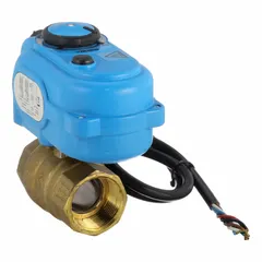 Brass electrically-actuated two-way ball valve with 1-1/4" FNPT straight connections. Operates on 110V AC and includes an ISO 5211 actuator mounting pad and auxiliary limit switch. Brass stem. Used for on/off flow control in automated piping systems.