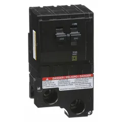 Plug-in miniature circuit breaker from the QO Series, rated 200 A at 120/240V AC, single phase, 2 poles, with a maximum interrupting rating of 10kA at 120/240V AC. Designed for overcurrent protection in QO Load Centers and NQ Panelboards.
