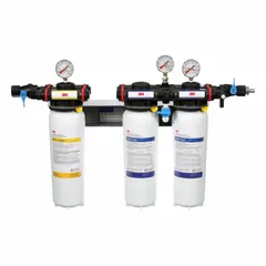 Multi-purpose water filter system with polyphosphate filter media for chlorine taste reduction. Features 7 gpm flow rate, 70,000 gallon capacity, NPT connections, and includes three filters. Overall height 18 3/4 inches. Suitable for commercial or residential water filtration applications.