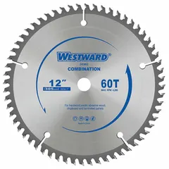 This 12-inch-diameter circular saw blade is designed for cutting wood. With 60 teeth and a combo grind, it handles both rip cuts and crosscuts. The blade has a 0.1-inch cut width and a 1-inch arbor, suitable for general woodworking and framing tasks.
