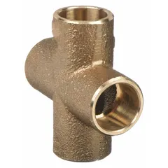 Low-lead cast copper cross fitting with four cup ends for 1/2 in CTS copper tube. Designed for sweat/solder installation in potable water and hydronic heating systems. Meets low-lead requirements for drinking-water applications.