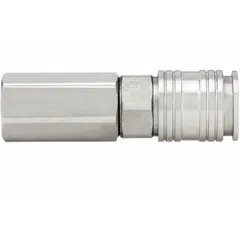 Push-to-connect coupling body for pneumatic air-line systems. Stainless steel construction with 3/8"-18 NPT thread and 3/8" hose fitting size. Suitable for use with compressed air tools, hoses, and piping in industrial and workshop environments.