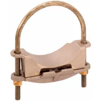 Copper U-bolt ground clamp for direct burial, connecting a single grounding wire (1/0 AWG STR to 250 kcmil or 2/0 AWG SOL to 250 kcmil) to a pipe or rod with diameter 4 in to 4-1/2 in. Used in grounding systems for electrical installations