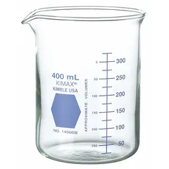 Low form beaker with 600 mL (20.28 fl oz) capacity, made from Type I borosilicate glass. Features blue color coding for laboratory identification. Suitable for mixing, heating, and measuring liquids in general lab applications.