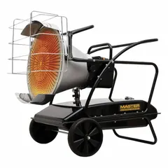 Wheeled-mounted torpedo heater with a 14-gallon tank providing up to 20 hours of runtime per filling. Heats areas up to 3,125 sq ft. Features a built-in air pressure gauge. Overall dimensions: 41 in x 28 in x 29 in. Suitable for temporary heating of large indoor or outdoor spaces such as construction sites, warehouses, and workshops.