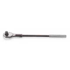 This standard-head ratchet features a reversible drive and a chrome finish. With a 15° minimum arc swing and an overall length of 19 3/4 inches, it is suited for tightening and loosening fasteners in confined spaces during automotive repair, machinery maintenance, and general industrial assembly.