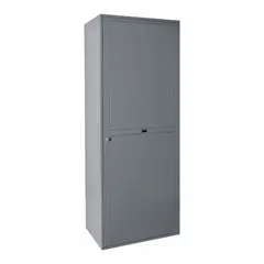 This HALLOWELL louvered metal wardrobe locker is a single-tier, single-unit-wide storage unit in a dark gray finish. It is fully assembled and includes a number plate for identification. Typical applications include personal storage in industrial facilities, schools, gyms, and workplaces, accommodating hanging garments and personal items.