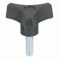 This 3-arm knob with threaded stud is used for manual adjustment and clamping in machinery, jigs, and fixtures. It features a 2 in diameter, 5/16"-18 thread, and a plastic body with steel thread in black, providing a secure grip for tool-free hand-tightening applications.