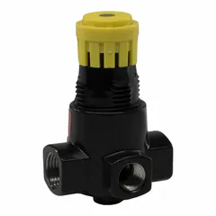 Zinc-bodied air regulator from the 15 Series with 3/8 in NPT connections. Adjustable output pressure range of 1 psig to 125 psig, maximum operating pressure 300 psig, controlled by a knob. Used in compressed air systems to regulate and stabilize downstream pressure in pneumatic circuits.