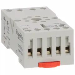 This DIN-rail socket accommodates 8-pin relays and features finger-safe terminals for protection during installation and maintenance. It is designed for standard A-type relay mounting in control panels and industrial automation systems.