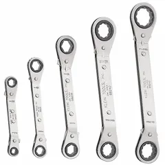This SAE double-end 6-point ratcheting box end wrench set includes 5 tools covering head sizes from 1/4 in to 3/4 in. Constructed of alloy steel with a chrome finish, the set is stored in a wrench roll. The ratcheting design allows fast operation in confined spaces, and the 6-point configuration provides a secure grip on hex fasteners.