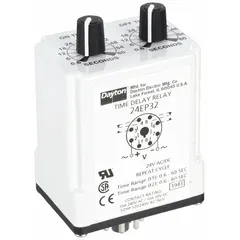 This Dayton socket-mounted time delay relay is rated for 24V AC/DC and 10 A, with 8 pins/terminals. It is used in industrial control panels to delay switching of loads, suitable for automation, HVAC, and process control applications requiring precise timing.