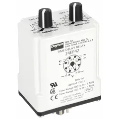 Socket-mounted single-function time delay relay rated for 240V AC and 10 A. Features 8 pins/terminals for connection to standard octal relay sockets. Used in industrial control panels to delay or sequence electrical operations, such as in HVAC systems, conveyor controls, and pump sequencing.